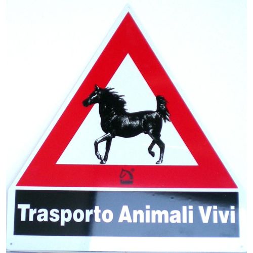 CARTELLO "TRASPORTO ANIMALI VIVI" in plexigas cm. 41,6 base per H. 46 cm.